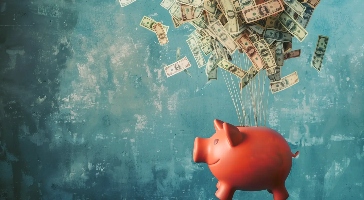 a red piggy bank with dollar bills coming out of it